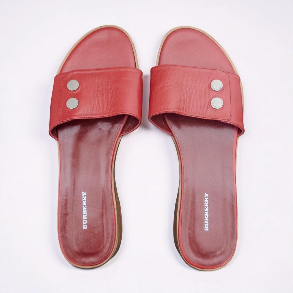 Y2K Burberry Red Leather Slide Sandals Low Heel Size 36 US 6